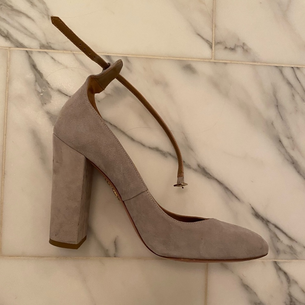 Aquazurra gray suede pumps with ankle strap